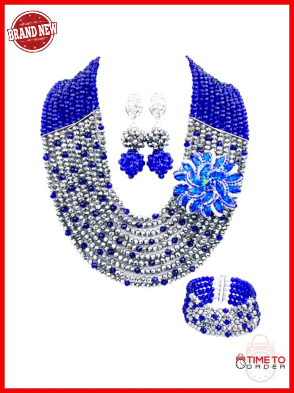 African Beaded Jewelry Set Crystal Necklace Brooch Bracelet Earrings